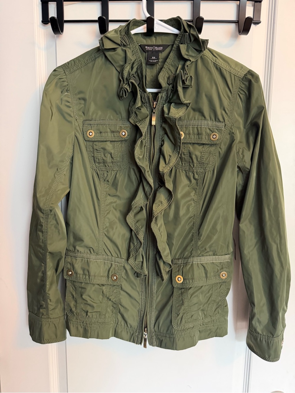 White House Black Market Olive Ruffle-Collar Utility Jacket Size XS